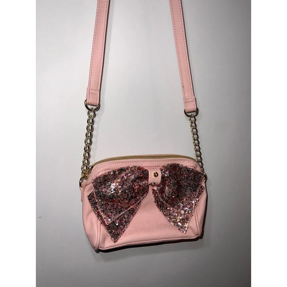 RARE Betsey Johnson Coquette Pink Sequins Bow Crossbody Bag Gold Heart Bag Charm
